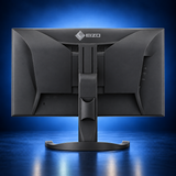 EIZO FlexScan EV2740X black monitor, rear view showing the housing, stand, and base on a dark blue studio background.