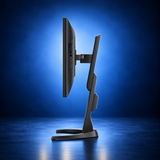 EIZO FlexScan EV2740X black monitor, side profile showing the panel depth, stand, and base on a dark blue studio background.