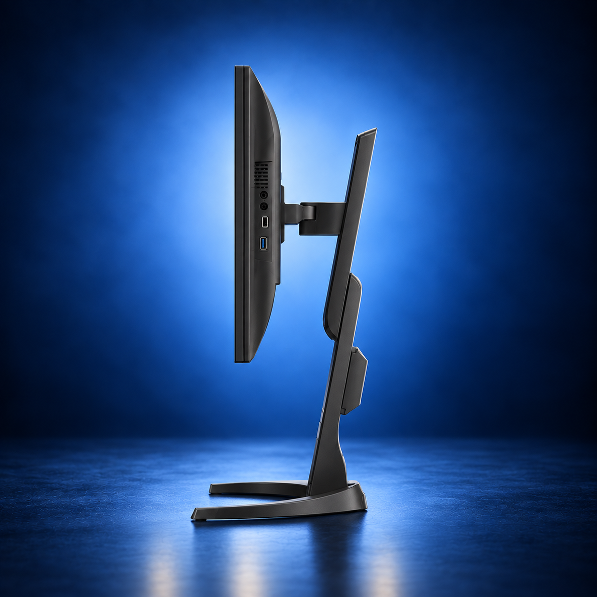 EIZO FlexScan EV2740X black monitor, side profile showing the panel depth, stand, and base on a dark blue studio background.