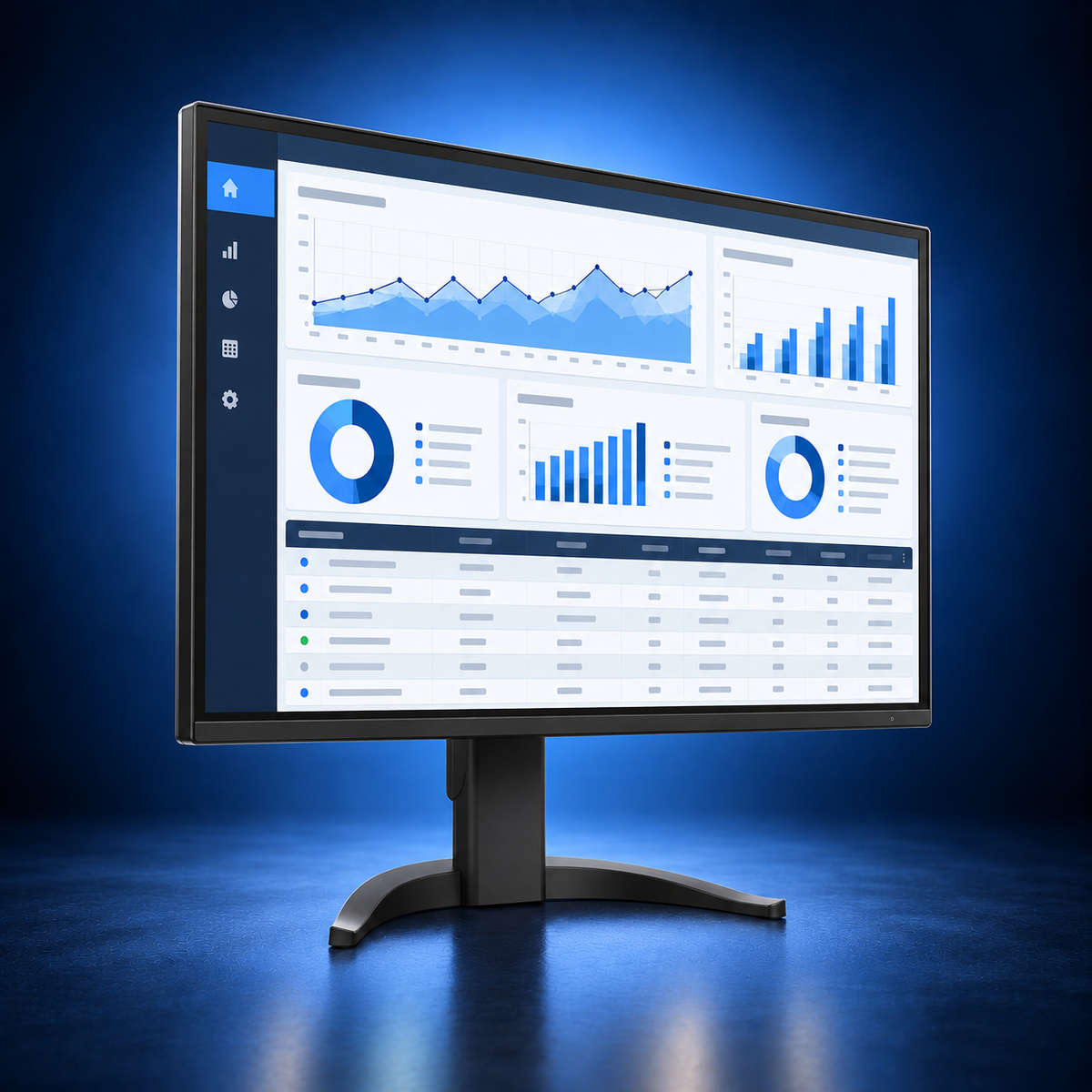 EIZO FlexScan EV3240X black monitor, angled front view showing the office dashboard and full stand on a dark blue studio background.