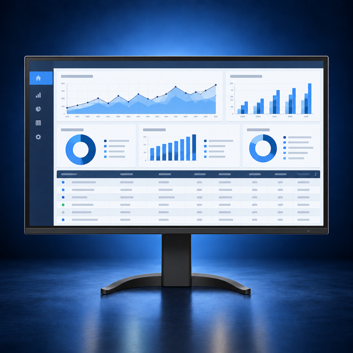 EIZO FlexScan EV3240X black monitor, front view with the full stand and base and a blue office dashboard on a dark blue studio background.