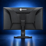 EIZO FlexScan EV3240X black monitor, rear view showing the housing, stand, and base on a dark blue studio background.