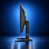 EIZO FlexScan EV3240X black monitor, side profile showing the panel depth, stand, and base on a dark blue studio background.