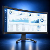 EIZO FlexScan EV3450XC black curved ultrawide monitor, angled front view showing the office dashboard and full stand on a dark blue studio background.