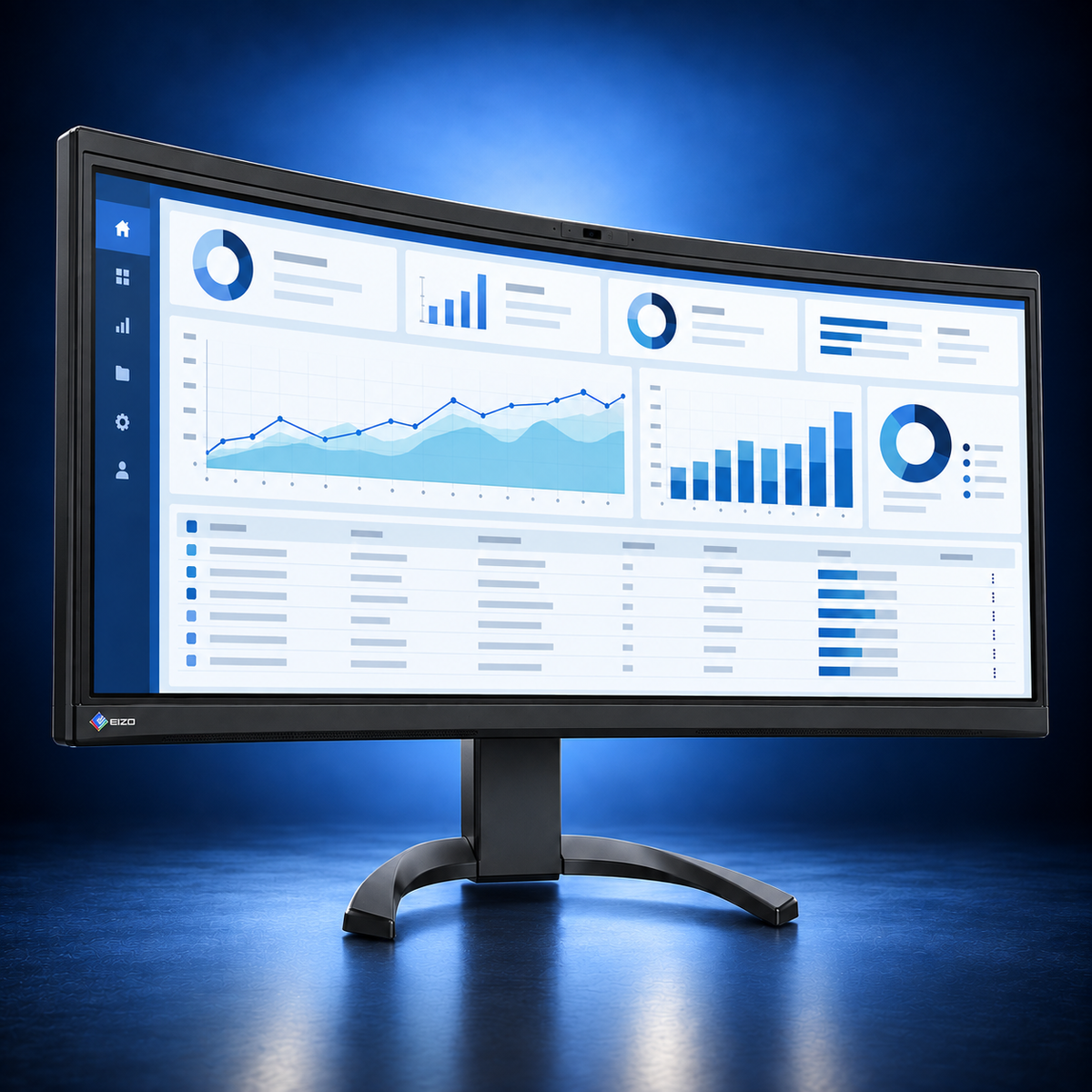 EIZO FlexScan EV3450XC black curved ultrawide monitor, angled front view showing the office dashboard and full stand on a dark blue studio background.