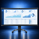 EIZO FlexScan EV3450XC black monitor, front view with the full stand and base and a blue office dashboard on a dark blue studio background.