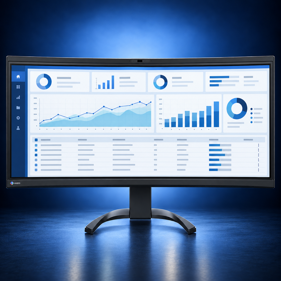 EIZO FlexScan EV3450XC black monitor, front view with the full stand and base and a blue office dashboard on a dark blue studio background.