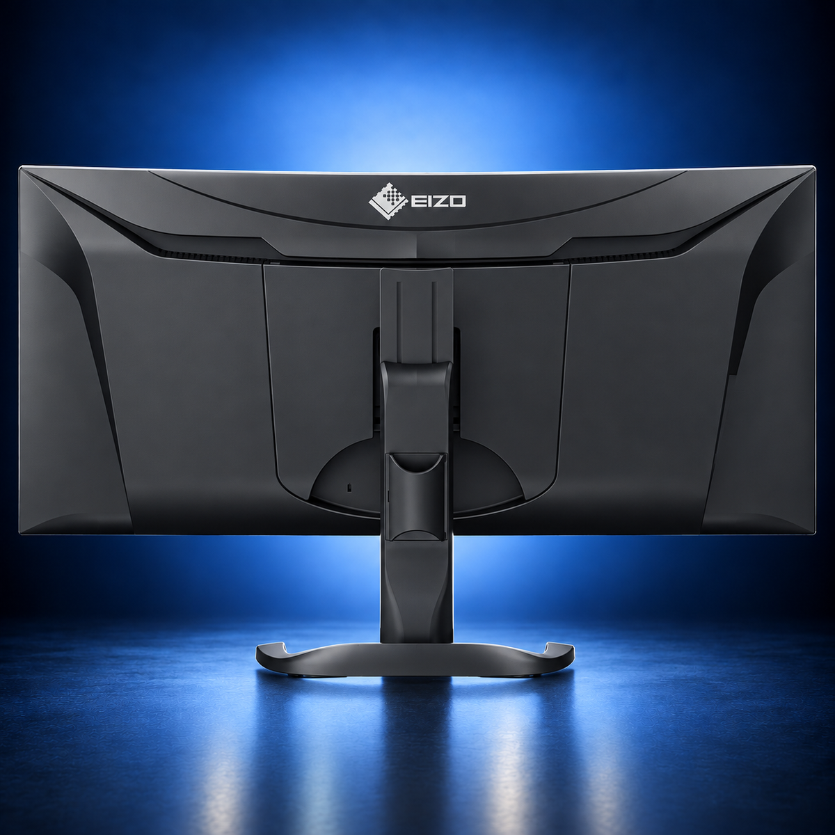 EIZO FlexScan EV3450XC black curved ultrawide monitor, rear view showing the housing, stand, and base on a dark blue studio background.