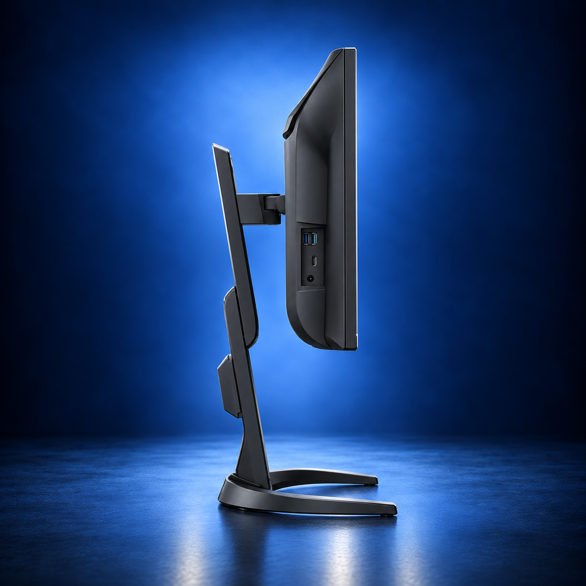 EIZO FlexScan EV3450XC black curved ultrawide monitor, side profile showing the panel depth, stand, and base on a dark blue studio background.