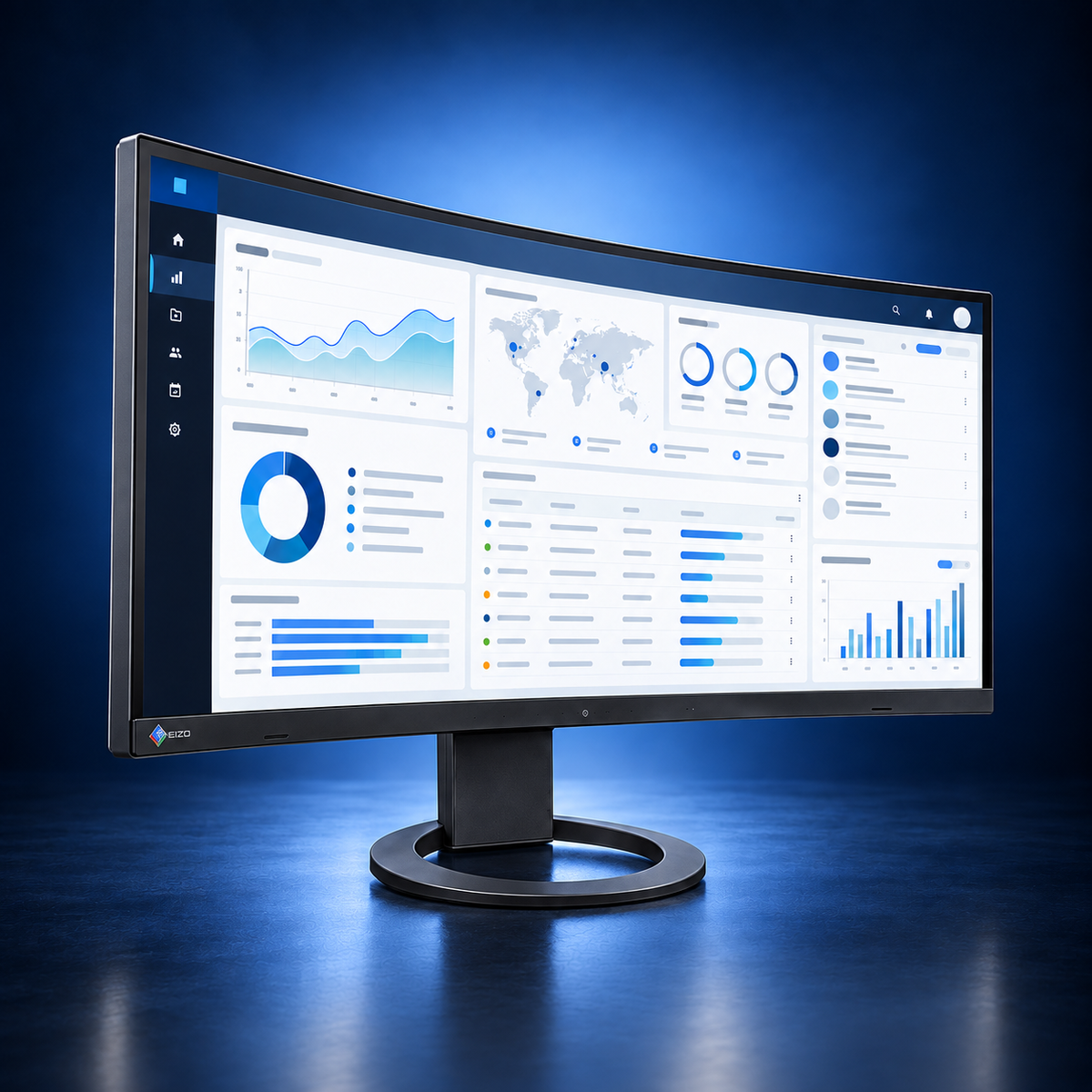 EIZO FlexScan EV3895 black curved ultrawide monitor, angled front view showing the office dashboard and full stand on a dark blue studio background.
