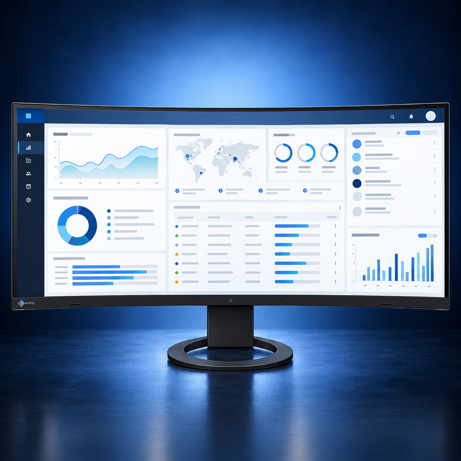 EIZO FlexScan EV3895 black monitor, front view with the full stand and base and a blue office dashboard on a dark blue studio background.