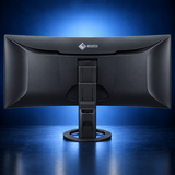 EIZO FlexScan EV3895 black curved ultrawide monitor, rear view showing the housing, stand, and base on a dark blue studio background.