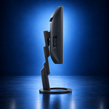 EIZO FlexScan EV3895 black curved ultrawide monitor, side profile showing the panel depth, stand, and base on a dark blue studio background.