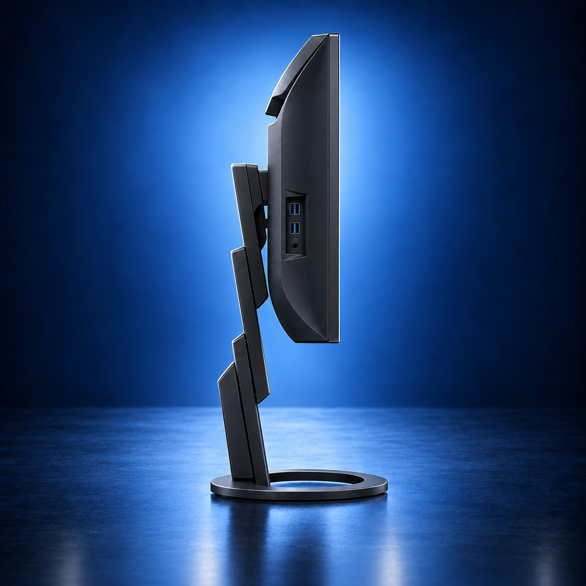 EIZO FlexScan EV3895 black curved ultrawide monitor, side profile showing the panel depth, stand, and base on a dark blue studio background.