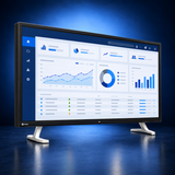 EIZO FlexScan EV4340X black large-format monitor, angled front view showing the office dashboard and full stand on a dark blue studio background.