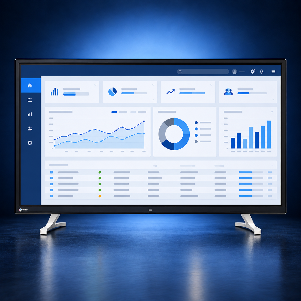 EIZO FlexScan EV4340X black monitor, front view with two metallic feet and a blue office dashboard on a dark blue studio background.
