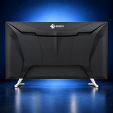EIZO FlexScan EV4340X black large-format monitor, rear view showing the housing and two support feet on a dark blue studio background.