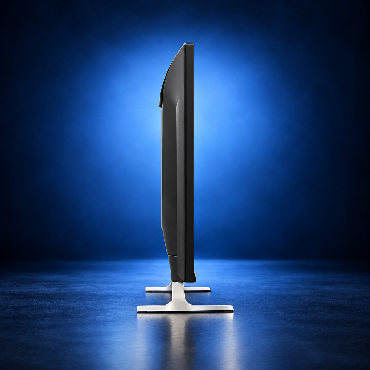 EIZO FlexScan EV4340X black large-format monitor, side profile showing the panel depth and support feet on a dark blue studio background.