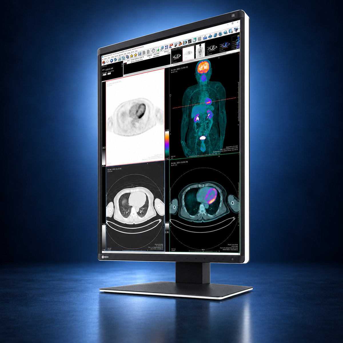 EIZO RadiForce RX370 monitor, angled front view showing medical images, the bezel, and full stand on a dark blue studio background.