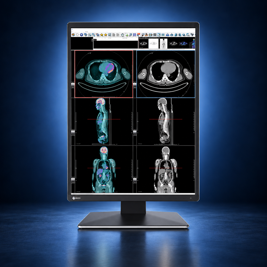 EIZO RadiForce RX370 monitor, front view in portrait orientation displaying medical images on a dark blue studio background.