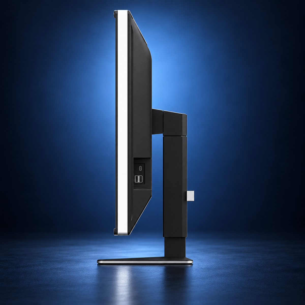 EIZO RadiForce RX370 monitor, side profile showing the panel depth, stand, and base on a dark blue studio background.