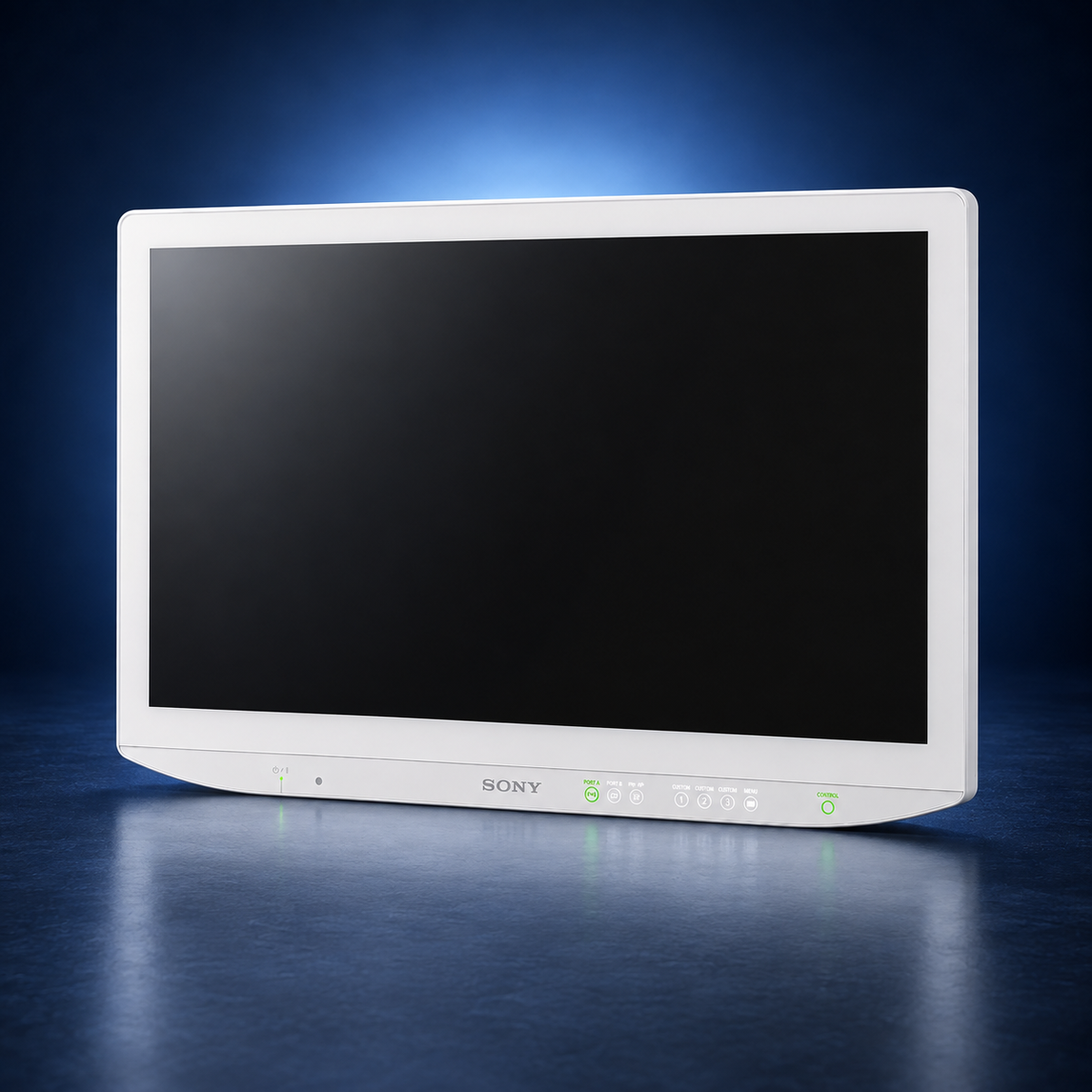 SONY-LMD-27M1MD surgical monitor, angled front view, white housing and black screen against a dark blue studio background.
