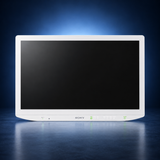 SONY-LMD-27M1MD surgical monitor, front view, white housing and black screen against a dark blue studio background.