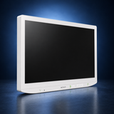 SONY-LMD-27M1MD surgical monitor, opposite angled front view, white housing and black screen against a dark blue studio background.