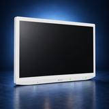 SONY-LMD-32M1MD surgical monitor, angled front view, white housing and black screen against a dark blue studio background.