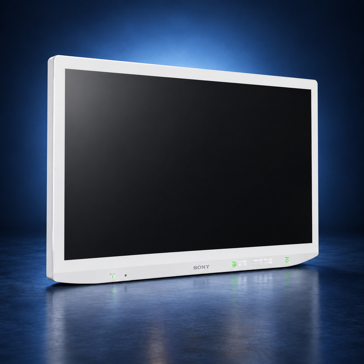 SONY-LMD-32M1MD surgical monitor, angled front view, white housing and black screen against a dark blue studio background.