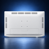 Sony LMD-32M1MD surgical monitor, rear view showing the white housing, vents, mounting holes and closed connector cover against a dark blue studio background.