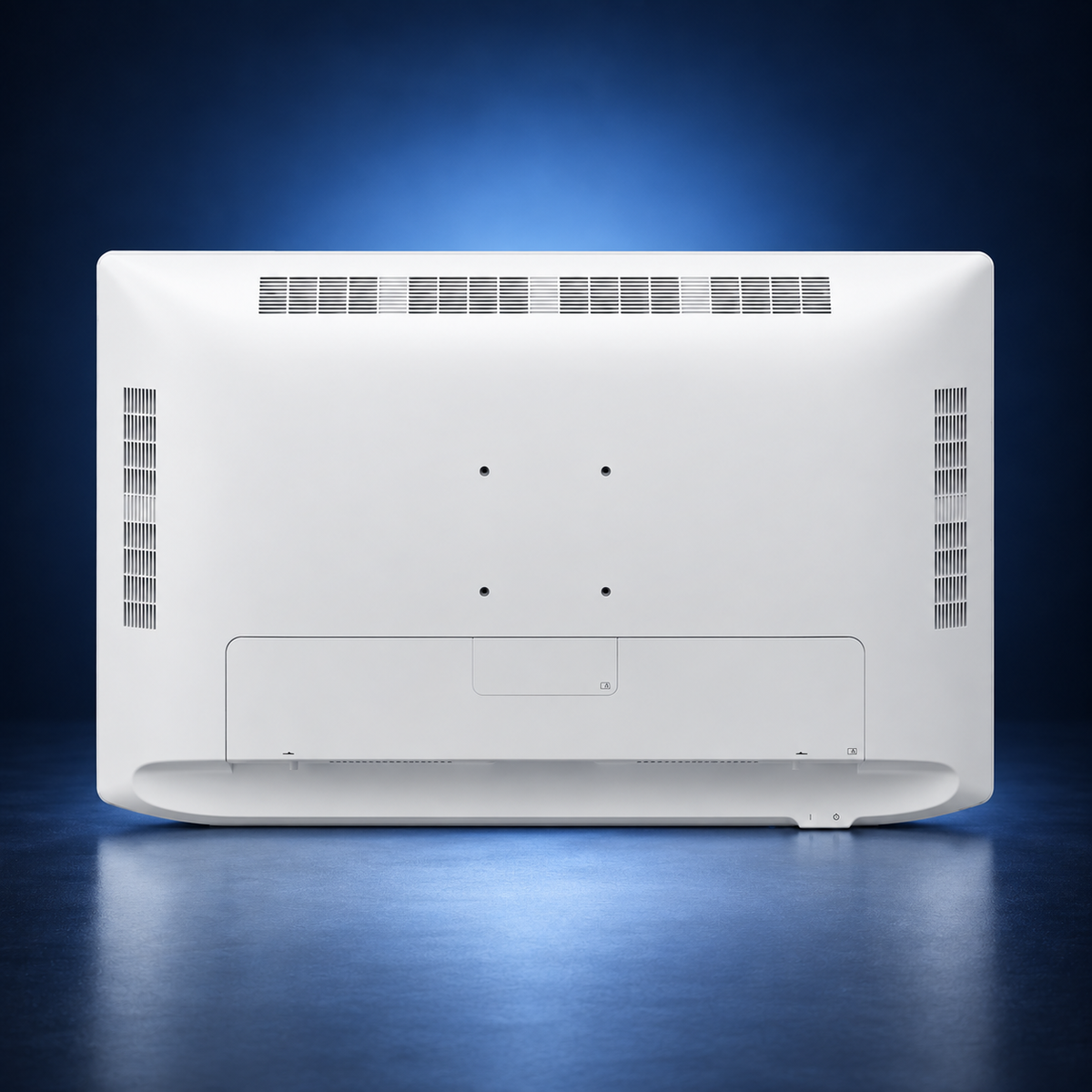 Sony LMD-32M1MD surgical monitor, rear view showing the white housing, vents, mounting holes and closed connector cover against a dark blue studio background.