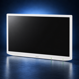 SONY-LMD-43M1MD surgical monitor, angled front view, white housing and black screen against a dark blue studio background.