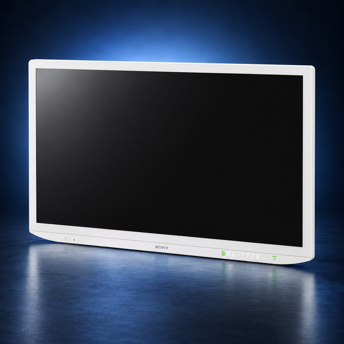 SONY-LMD-43M1MD surgical monitor, angled front view, white housing and black screen against a dark blue studio background.
