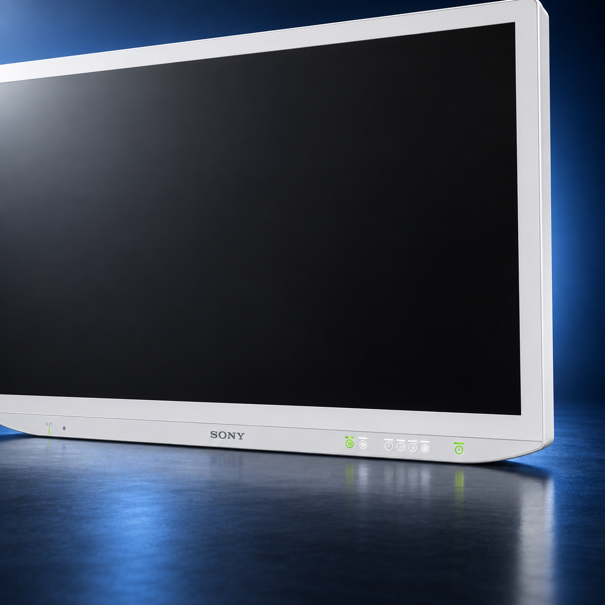 SONY-LMD-43M1MD surgical monitor, front detail view of the Sony logo and touch controls, white housing and black screen against a dark blue studio background.