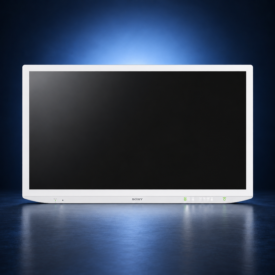 SONY-LMD-43M1MD surgical monitor, front view, white housing and black screen against a dark blue studio background.