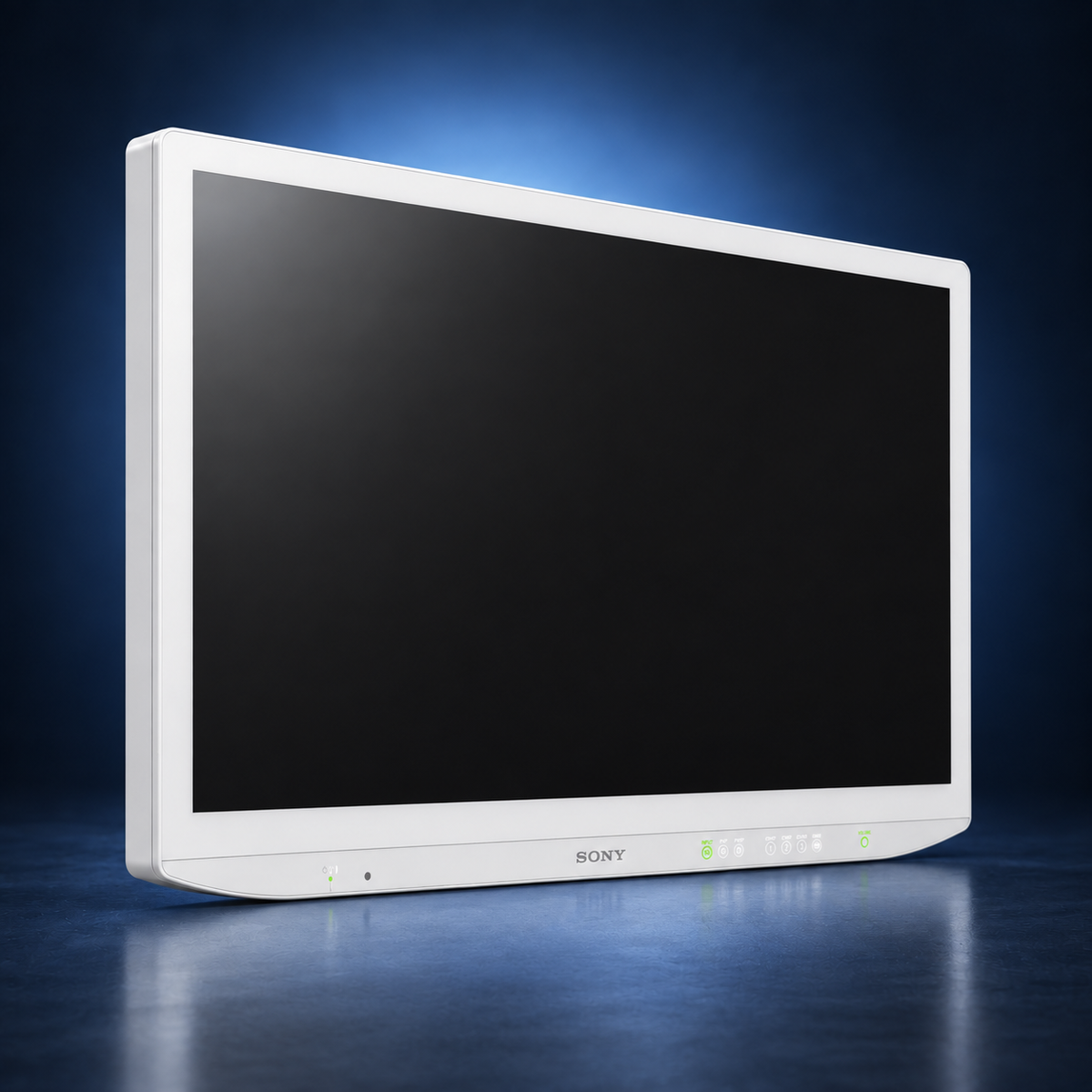 SONY-LMD-43M1MD surgical monitor, opposite angled front view, white housing and black screen against a dark blue studio background.