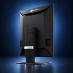 EIZO RadiForce MX217 monitor, angled rear view showing the housing, stand, and base on a dark blue studio background.
