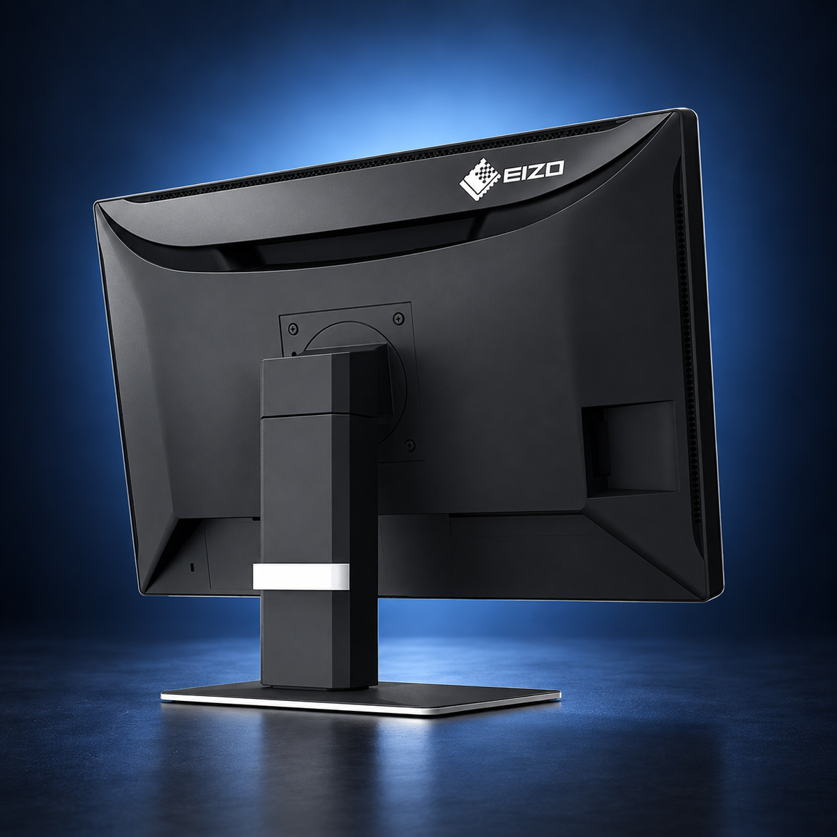 EIZO RadiForce MX243W monitor, angled rear view showing the black housing and stand on a dark blue studio background.