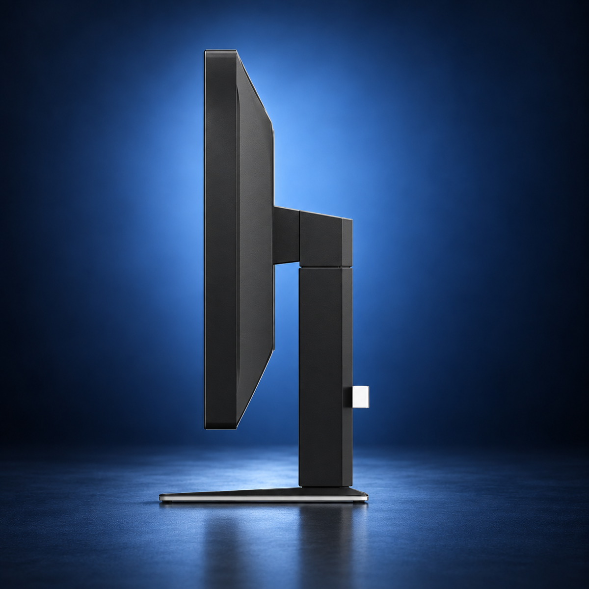 EIZO RadiForce MX243W monitor, side profile showing the panel depth, stand, and base on a dark blue studio background.