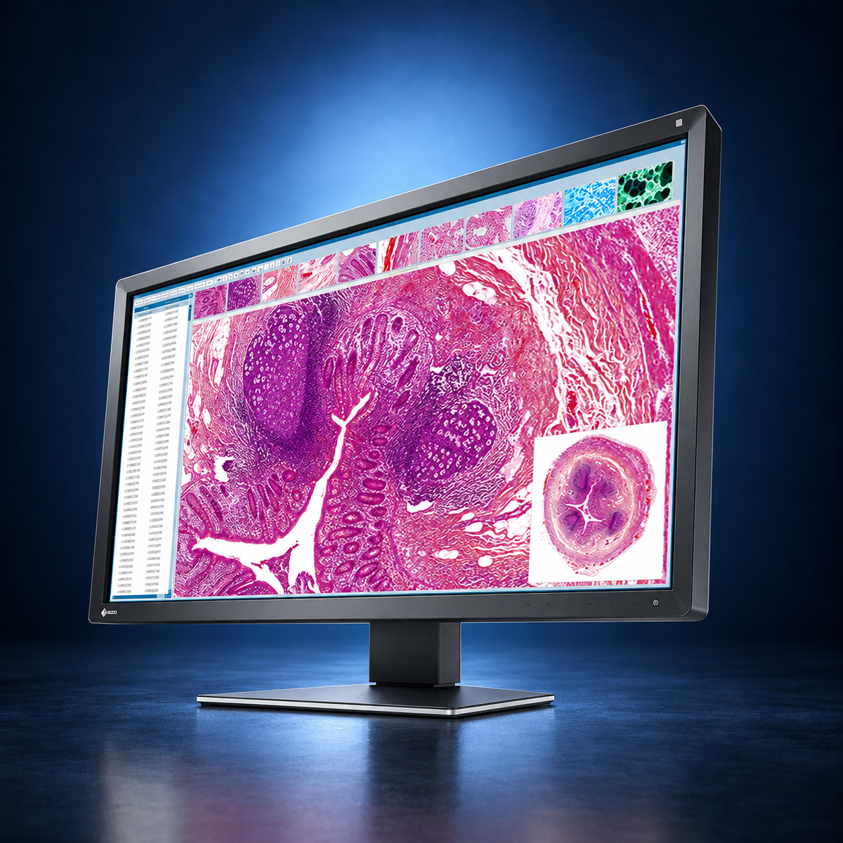 EIZO RadiForce MX317W monitor, angled front view showing medical images, the bezel, and full stand on a dark blue studio background.