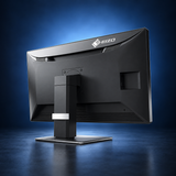 EIZO RadiForce MX317W monitor, angled rear view showing the housing, stand, and base on a dark blue studio background.