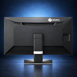 EIZO RadiForce MX317W monitor, rear view showing the black housing and stand on a dark blue studio background.