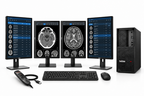 LG 21HQ513D-S complete workstation package with two medical displays, two Dell 24-inch portrait monitors, Lenovo P3 tower, Philips LFH3500 microphone, keyboard and mouse on white.