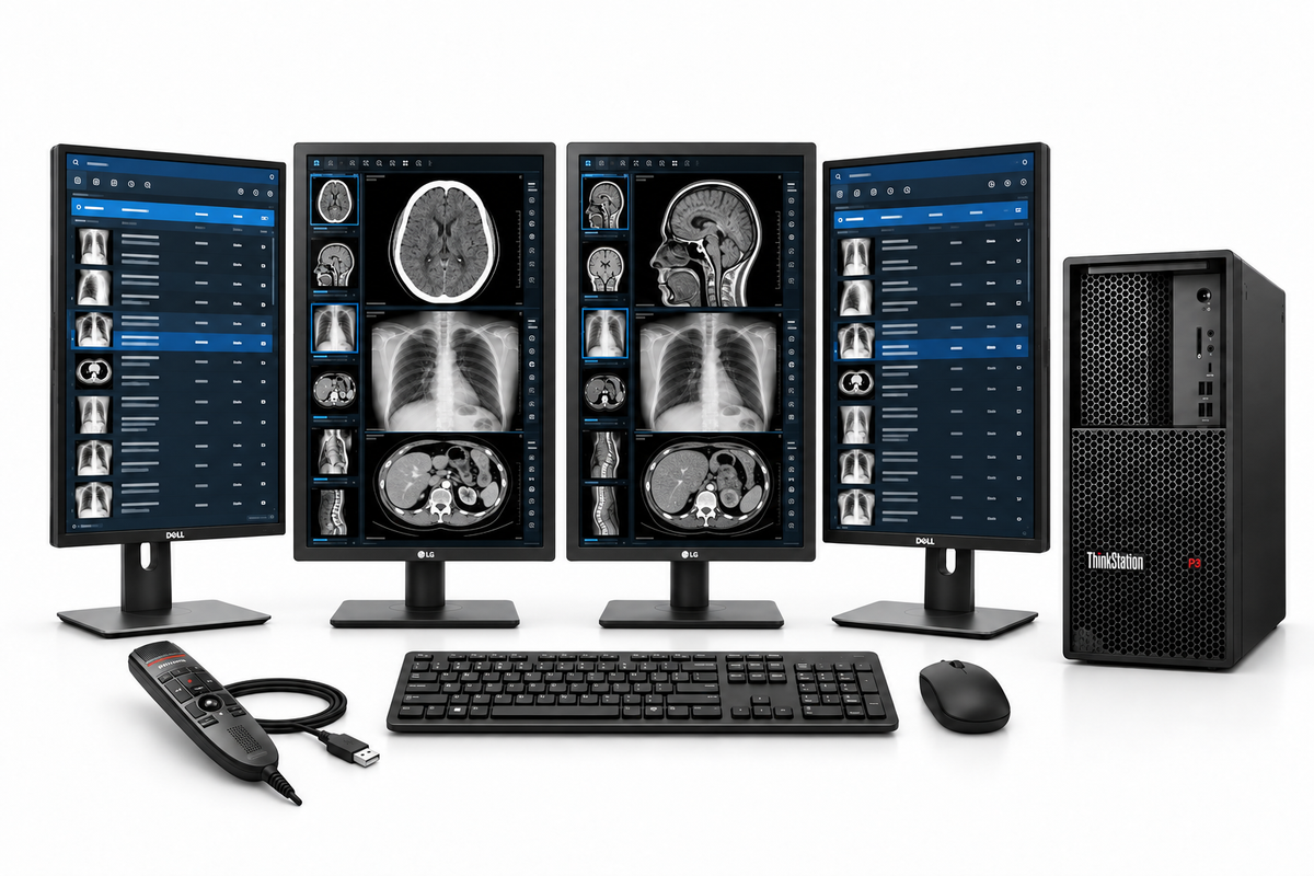 LG 24HR513C-B complete workstation package with two medical displays, two Dell 24-inch portrait monitors, Lenovo P3 tower, Philips LFH3500 microphone, keyboard and mouse on white.