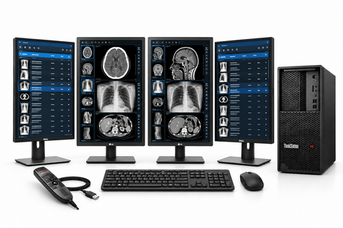 LG 24HR513C-B complete workstation package with two medical displays, two Dell 24-inch portrait monitors, Lenovo P3 tower, Philips LFH3500 microphone, keyboard and mouse on white.
