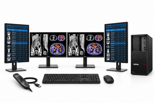 LG 27HS713C-B complete workstation package with two medical displays, two Dell 27-inch portrait monitors, Lenovo P3 tower, Philips LFH3500 microphone, keyboard and mouse on white.