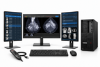 LG 31HN713D-B complete workstation package with one medical display, two Dell 24-inch portrait monitors, Lenovo P3 tower, Philips LFH3500 microphone, keyboard and mouse on white.