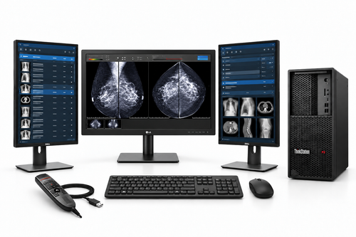 LG 31HN713D-B complete workstation package with one medical display, two Dell 24-inch portrait monitors, Lenovo P3 tower, Philips LFH3500 microphone, keyboard and mouse on white.