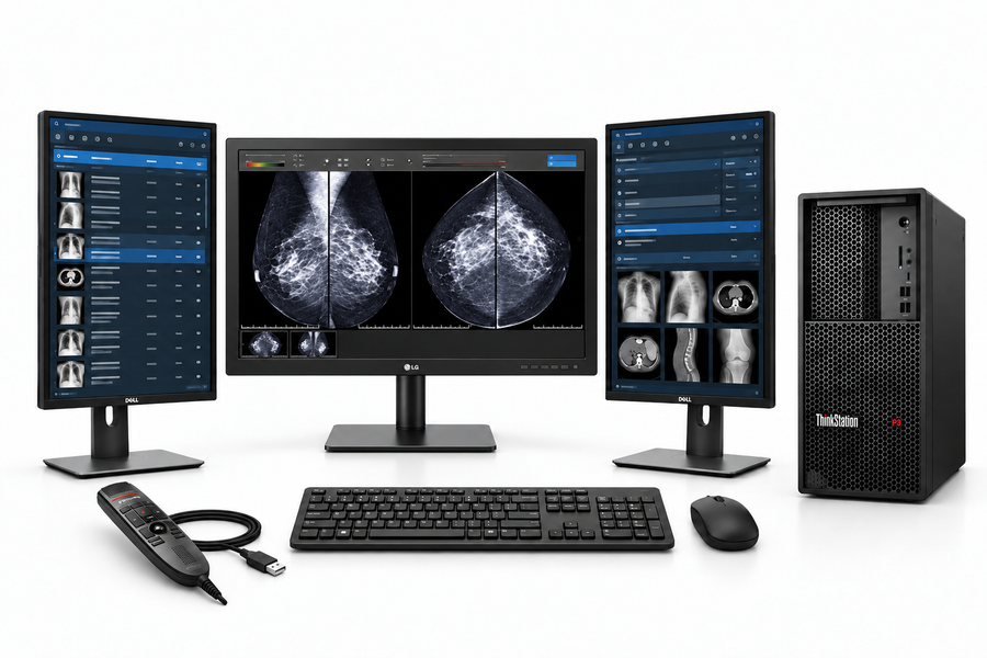 LG 31HN713D-B complete workstation package with one medical display, two Dell 24-inch portrait monitors, Lenovo P3 tower, Philips LFH3500 microphone, keyboard and mouse on white.